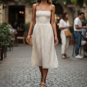 NWT Reformation Sable Riso Floral Ivory Cream Smocked Midi Dress, size M